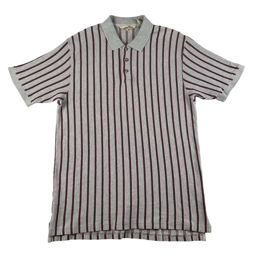 Vintage Eddie Bauer Polo Shirt Mens Large Gray Vertical Stripe Knit Short Sleeve